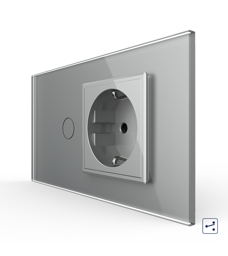 Intrerupator Simplu Cap Scara / Cruce + Priza LIVOLO cu Rama Din Sticla, Standard Italian, 4M, gri