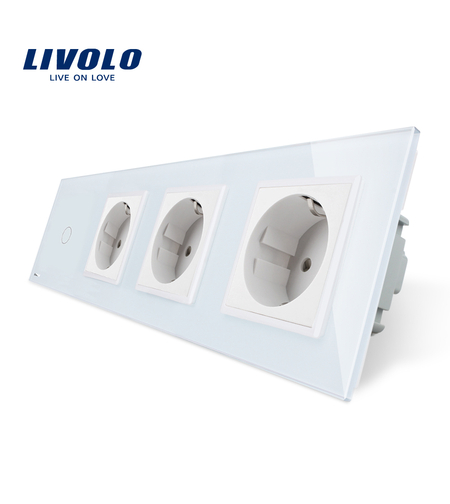 Intrerupator simplu + Priza tripla LIVOLO cu touch din sticla, alb