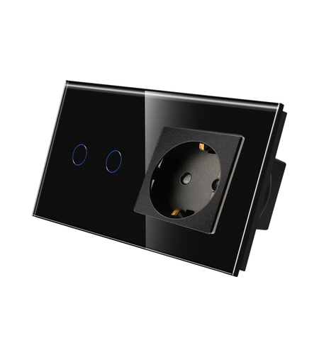 Intrerupator Dublu + Priza cu Rama din Sticla LUXION, negru