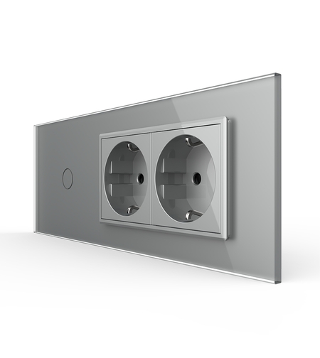 Intrerupator Simplu + 2 Prize LIVOLO cu Rama Din Sticla, Standard Italian, 6M, gri