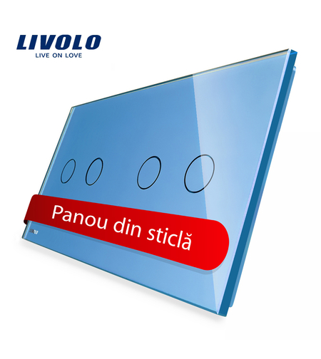 Panou intrerupator dublu+dublu cu touch Livolo din sticla, albastru