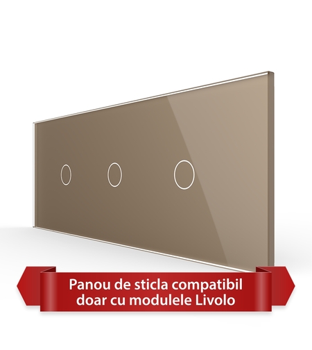 Panou Intrerupator Simplu + Simplu + Simplu cu Touch LIVOLO din Sticla, Standard Italian - 6/7M, auriu