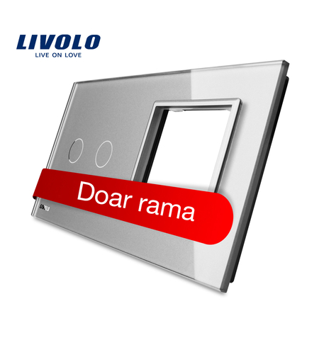 Panou intrerupator dublu cu touch + priza simpla Livolo din sticla, gri