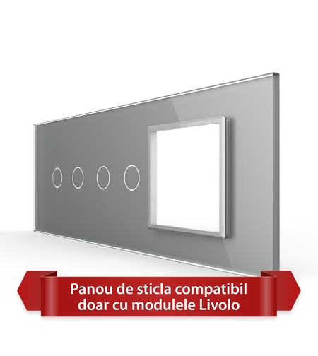 Panou Intrerupator Dublu + Dublu cu Priza LIVOLO din Sticla, Standard Italian - 6/7M, gri