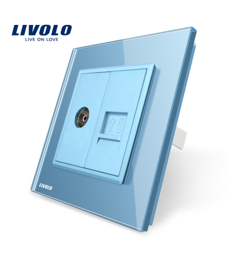 Priza dubla TV + Telefon Livolo cu rama din sticla, albastru