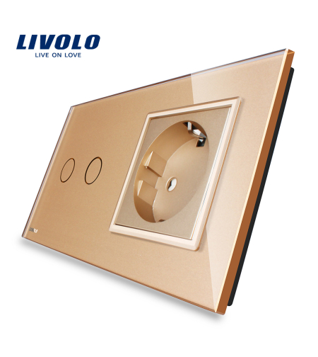 Intrerupator dublu cap scara / cap cruce + priza simpla Livolo rama din sticla, auriu