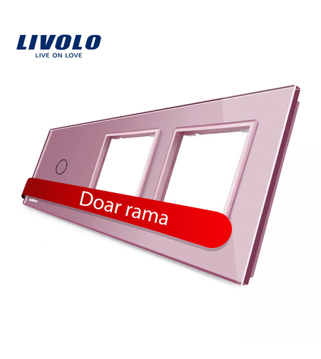 Panou intrerupator simplu cu touch si 2 prize Livolo din sticla, roz