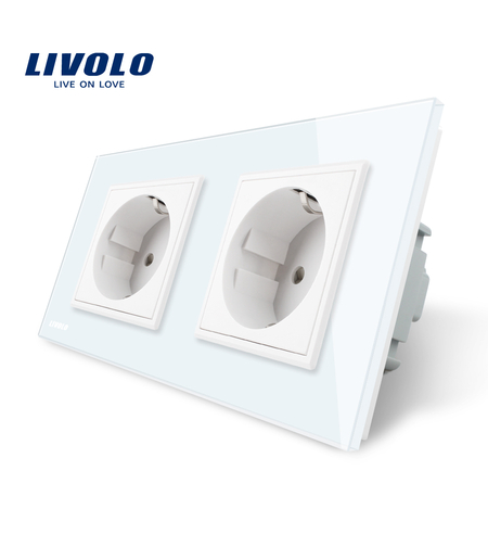 Priza dubla Livolo cu rama din sticla, alb