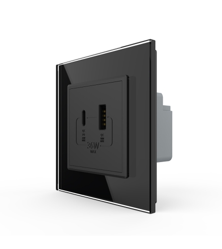Priza USB-A + USB-C cu Rama Din Sticla LIVOLO - Serie Noua, negru
