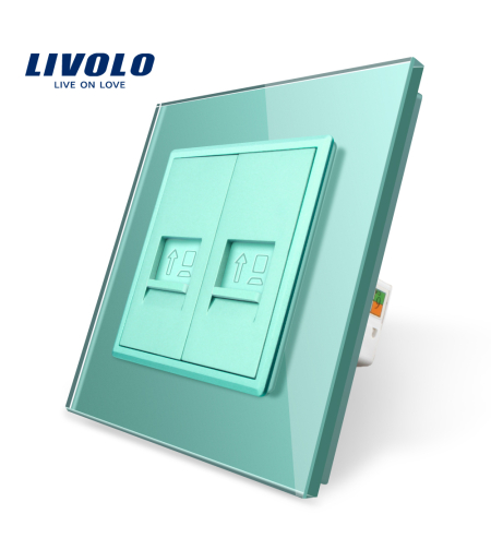 Priza dubla internet Livolo cu rama din sticla, verde