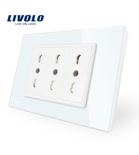 Priza tripla italiana Livolo cu rama din sticla - standard italian, alb