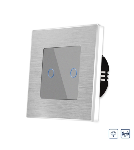 Intrerupator Dublu cu Variator si Touch din Sticla si Rama de Aluminiu LUXION, RF433, gri