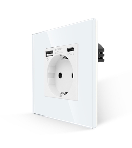 Priza Simpla + USB-A + USB-C LUXION cu Rama din Sticla, alb