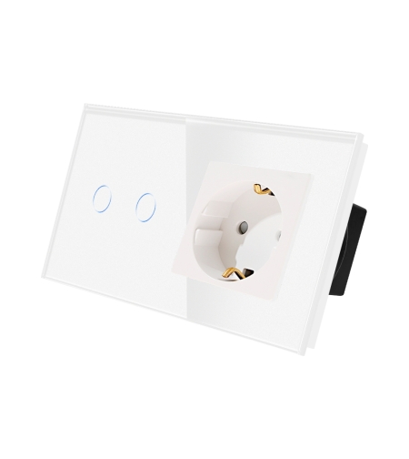 Intrerupator Dublu + Priza cu Rama din Sticla LUXION, alb