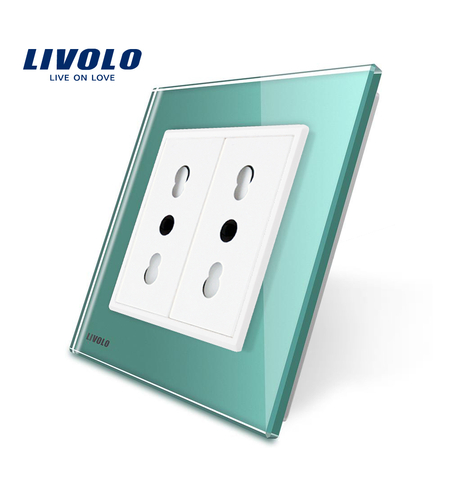 Priza dubla module inguste Livolo cu rama din sticla - standard german, verde