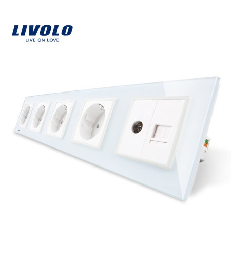 Priza cvintupla + priza TV Internet Livolo cu rama din sticla, alb