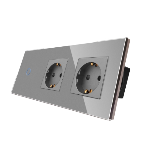 Intrerupator Simplu + 2 Prize cu Rama din Sticla LUXION, gri