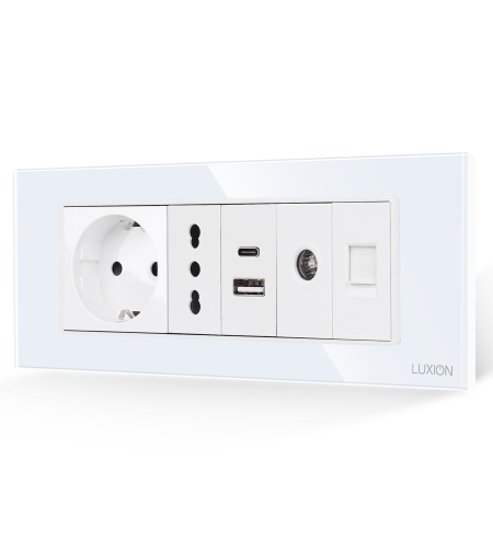 Priza Schuko + Ingusta + Dubla USB + TV + Internet cu Rama Din Sticla LUXION, Standard Italian, 6M, alb