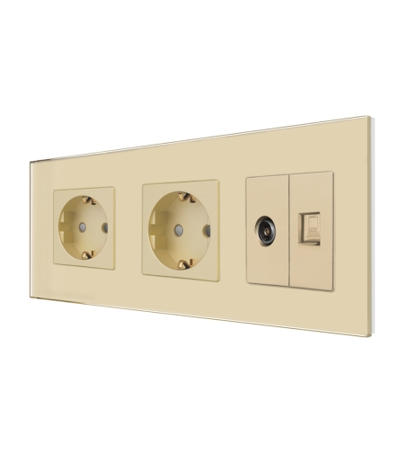 Priza Dubla Schuko + TV + Internet cu Rama Din Sticla LUXION, auriu