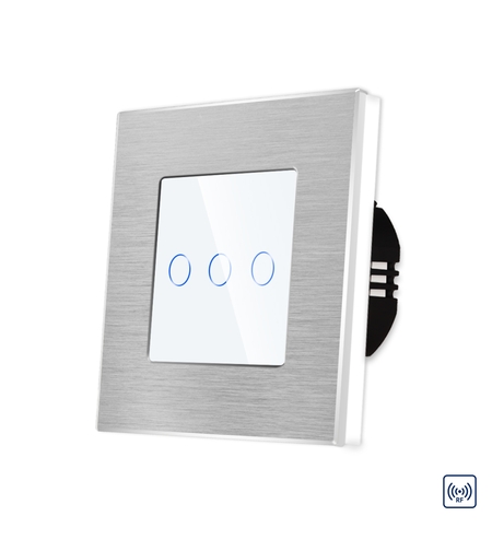 Intrerupator Triplu cu Touch din Sticla si Rama de Aluminiu LUXION, RF433, alb