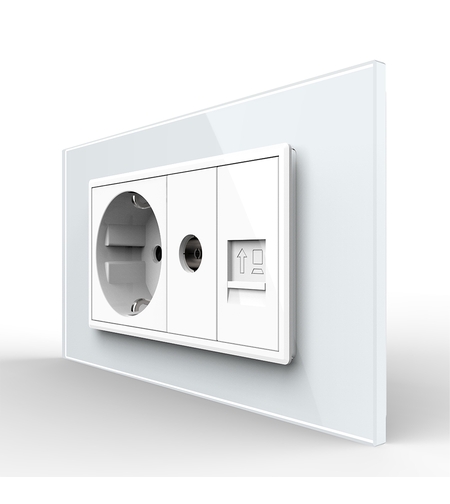 Priza Dubla Livolo cu Rama din Sticla 1 Priza Schuko+TV/internet, Standard Italian - Serie Noua, alb