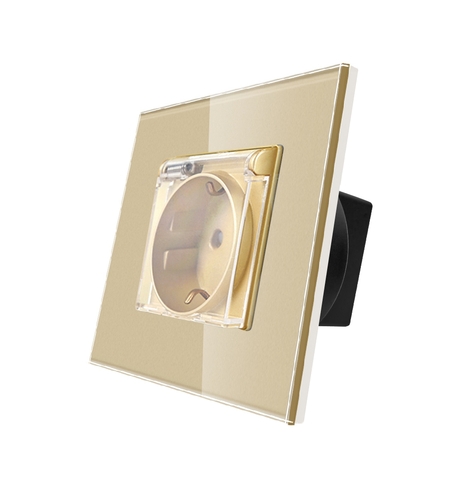 Priza Simpla cu Capac de Protectie cu Rama din Sticla LUXION, auriu