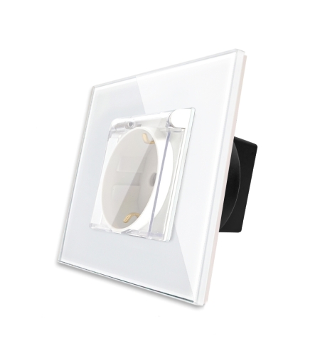 Priza Simpla cu Capac de Protectie cu Rama din Sticla LUXION, alb