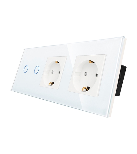 Intrerupator Dublu + 2 Prize cu Rama din Sticla LUXION, alb