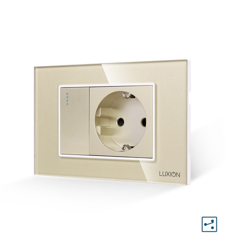 Intrerupator Simplu Cap Scara + Priza cu Rama din Sticla LUXION, Standard Italian, 3M, auriu