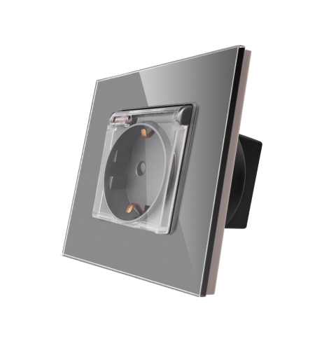 Priza Simpla cu Capac de Protectie cu Rama din Sticla LUXION, gri