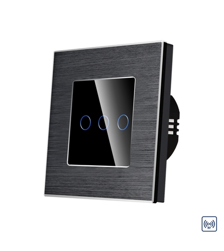 Intrerupator Triplu cu Touch din Sticla si Rama de Aluminiu LUXION, RF433, negru