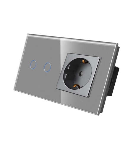 Intrerupator Dublu + Priza cu Rama din Sticla LUXION, gri