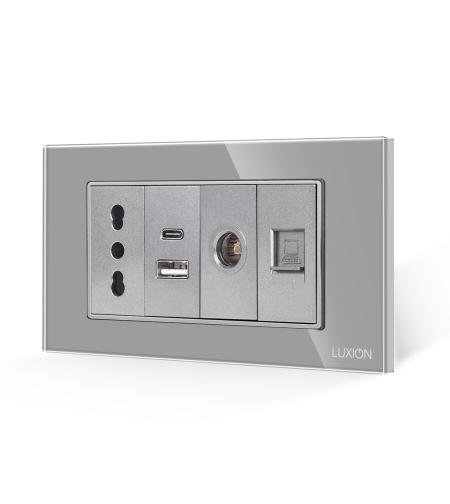 Priza Ingusta + Dubla USB + TV + Internet cu Rama Din Sticla LUXION, Standard Italian, 4M, gri