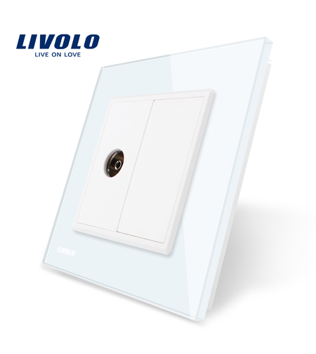 Priza simpla TV Livolo cu rama din sticla, alb