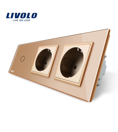 Intrerupator LIVOLO simplu cap scara / cap cruce cu touch si 2 prize din sticla, auriu