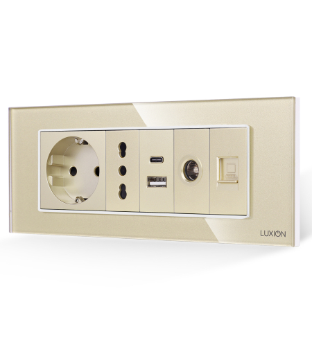 Priza Schuko + Ingusta + Dubla USB + TV + Internet cu Rama Din Sticla LUXION, Standard Italian, 6M, auriu