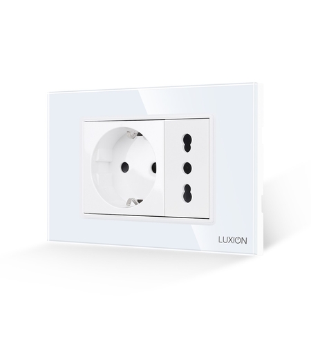 Priza Schuko + Universala Italiana cu Rama din Sticla LUXION, Standard Italian, 3M, alb