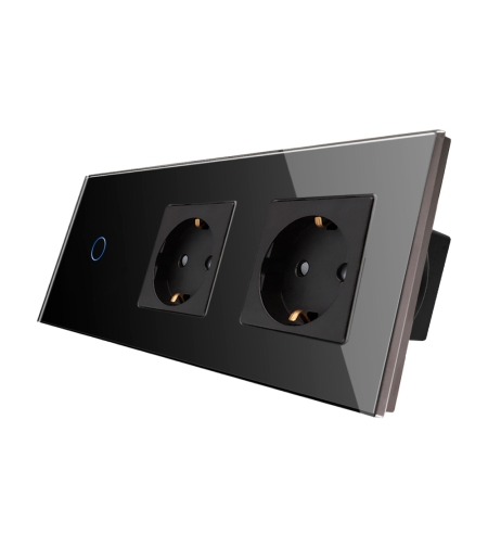 Intrerupator Simplu + 2 Prize cu Rama din Sticla LUXION, negru