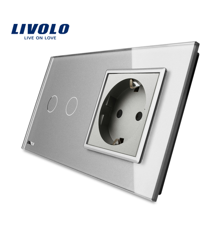 Intrerupator dublu cap scara / cap cruce + priza simpla Livolo rama din sticla, gri