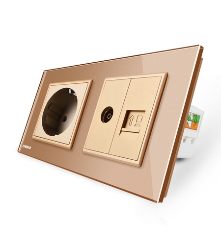 Priza dubla Livolo cu rama din sticla 1 priza Schuko+TV/internet, auriu