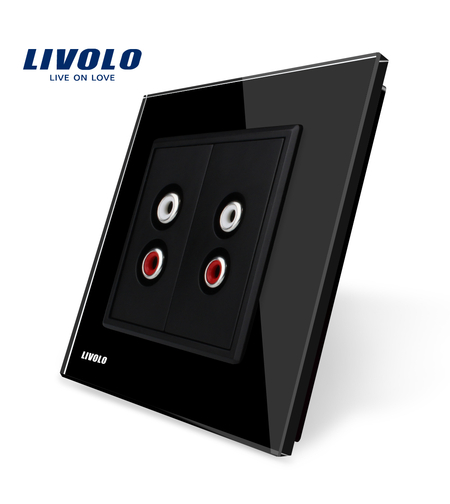 Priza dubla audio Livolo cu rama din sticla, negru