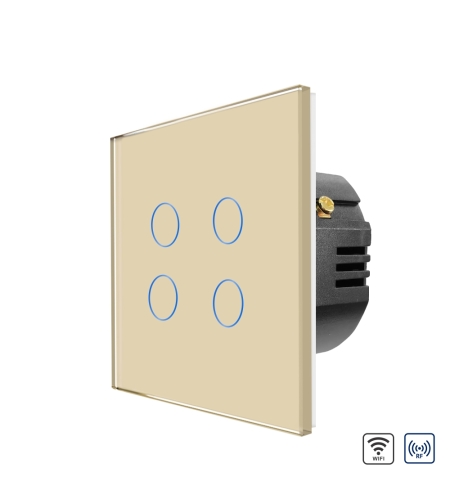 Intrerupator Cvadruplu Wi-Fi + RF433 cu Touch din Sticla LUXION, auriu