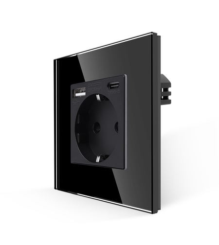 Priza Simpla + USB-A + USB-C LUXION cu Rama din Sticla, negru