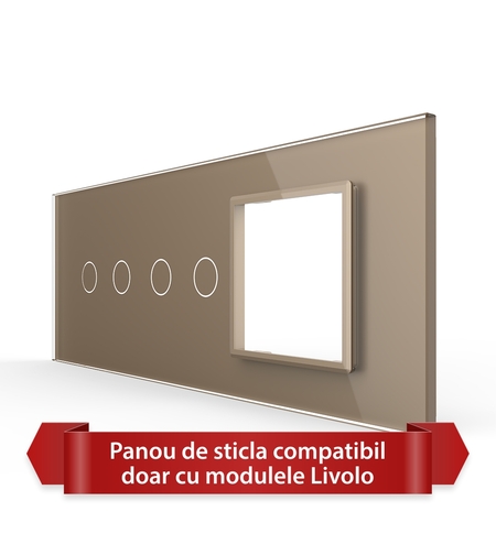 Panou Intrerupator Dublu + Dublu cu Priza LIVOLO din Sticla, Standard Italian - 6/7M, auriu