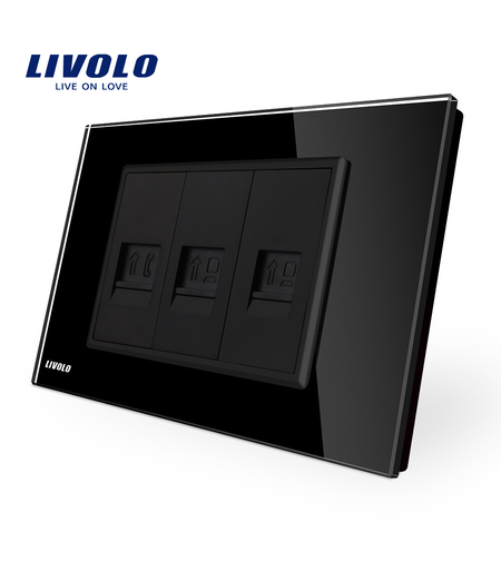 Priza telefon+dubla internet Livolo cu rama din sticla - standard italian, negru