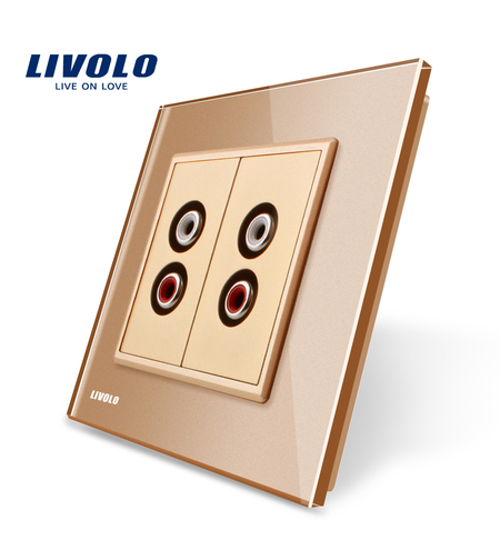 Priza dubla audio Livolo cu rama din sticla, auriu