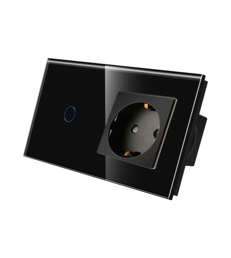 Intrerupator Simplu + Priza cu Rama din Sticla LUXION, negru