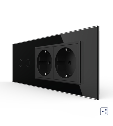 Intrerupator Dublu Cap Scara / Cruce + 2 Prize LIVOLO cu Rama Din Sticla, Standard Italian, 6M, negru
