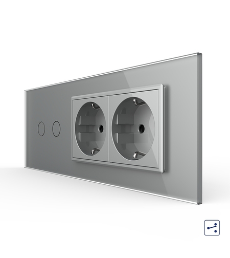 Intrerupator Dublu Cap Scara / Cruce + 2 Prize LIVOLO cu Rama Din Sticla, Standard Italian, 6M, gri