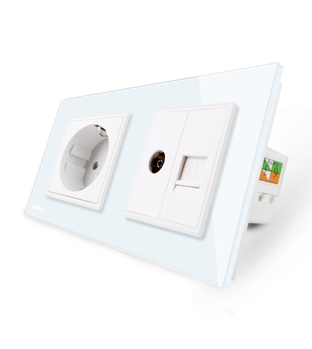 Priza dubla Livolo cu rama din sticla 1 priza Schuko+TV/internet, alb